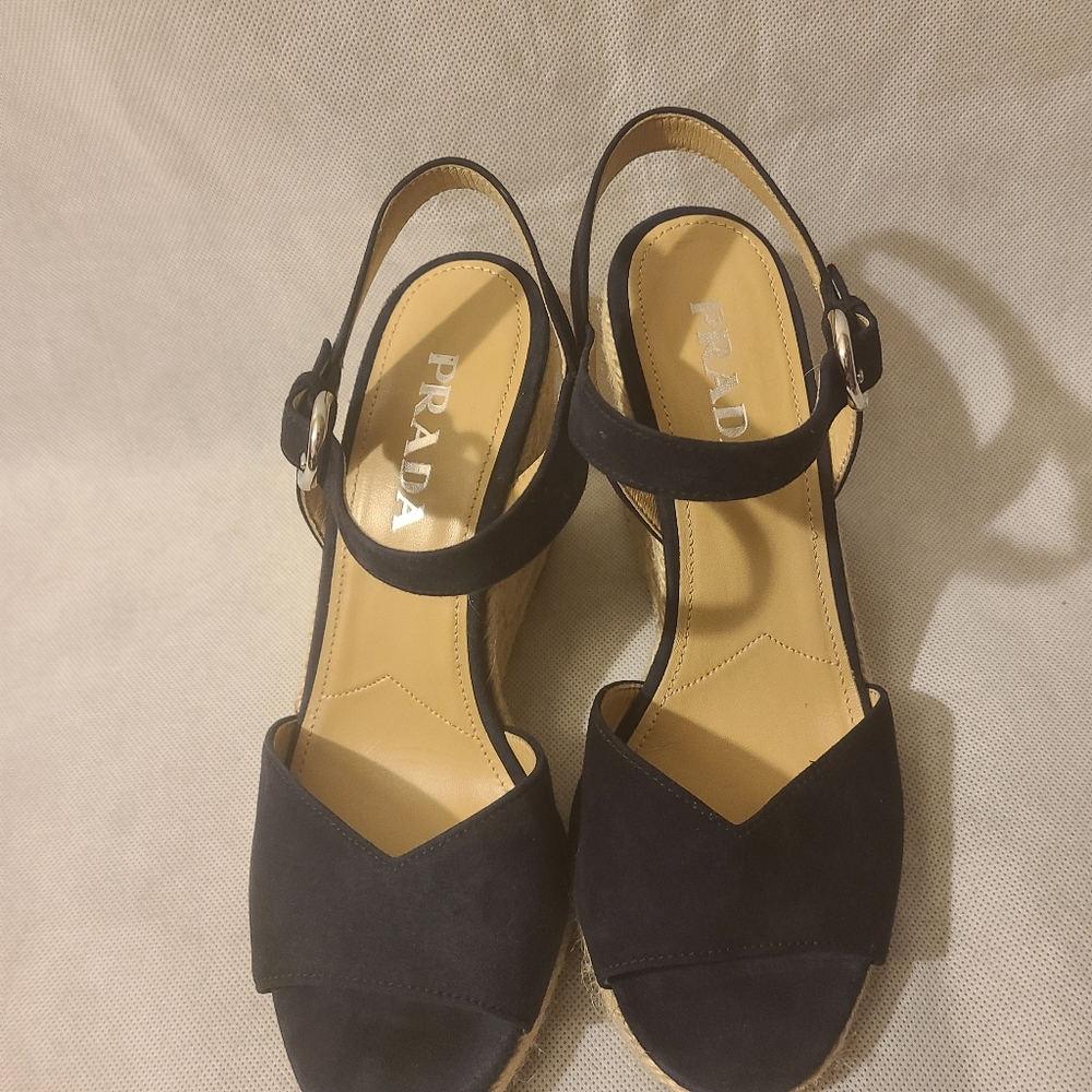 Prada Women's Suede Espadrille Wedge Sandals in Blue Suede - Picture 7 of 8